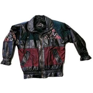 Rare Vintage Pelle Leather/Nylon Bomber Jacket Wm M, Korean Made, Shoulder Pads